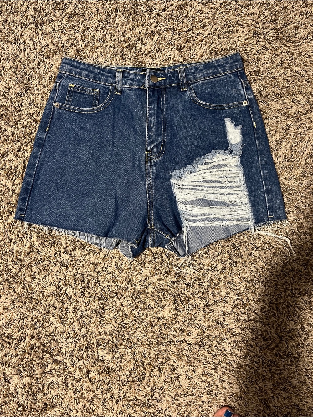PrettyLittleThing Dark Blue Distressed Denim Shorts